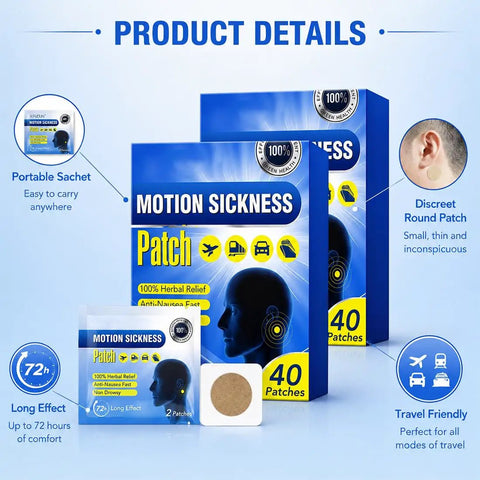 80 Count Motion Sickness Patches For Travel On The Go Non Drowsy Relief Lasts 72 Hours Breathable Non Woven Fabric With Fresh Mint Scent Safe For Adults And Kids 4 Plus For Cruise Car Airplane And Other Travel, 40 patch box