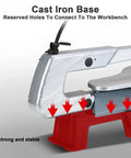 Professional Desktop Scroll Saw With Tiltable Metal Work Table Bright Led Lamp And Quick Speed Adjustments For Killer Curve Cuts Across Wood Plastic And Thin Sheet Metal Projects showing sturdy cast iron base with reserved holes for mounting.