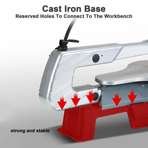 Professional Desktop Scroll Saw With Tiltable Metal Work Table Bright Led Lamp And Quick Speed Adjustments For Killer Curve Cuts Across Wood Plastic And Thin Sheet Metal Projects showing sturdy cast iron base with reserved holes for mounting.