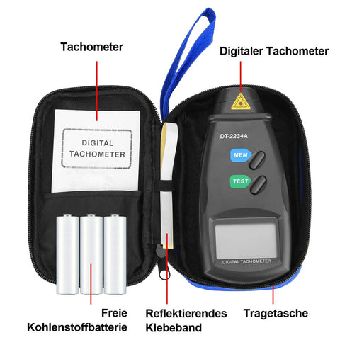 Must Have Non Contact Digital Tachometer RPM Meter With Infrared Readings 2.5 To 99,999 RPM Ultra Accurate 0.05 RPM Large LCD Display Memory Min Max Batteries Included 4 Pack Reflective Tape Revision Guide