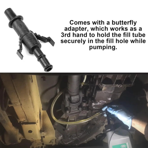 Fluid Pump For Standard Quart Bottles With Third Hand Adapter For Gear Oil in use under vehicle