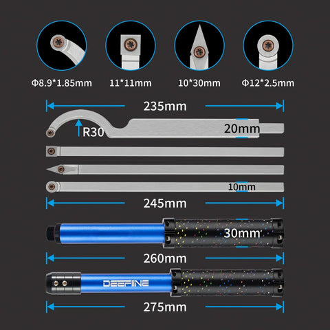 Dimensions and components of Carbide Tip Wood Lathe Turning Tool Kit with Interchangeable Aluminum Handle and carbide inserts