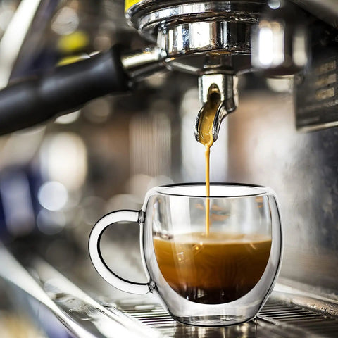 Double Wall Insulated Espresso Cups Set Of Two Borosilicate Glass Demitasse Mugs With Handle Heat Resistant Shot Glasses Straight Up Kitchen Essential Microwave Safe Daily Grind Must Have pouring espresso into a clear mug.