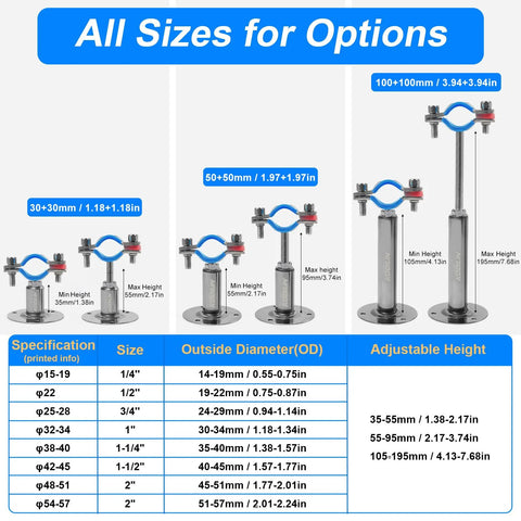 Kodilin 4-piece stainless steel pipe clamps for 3/4 in OD pipe; adjustable height, sizes 30x30, 50x50, 100x100 mm