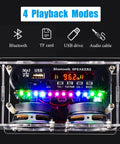 Radio DIY Soldering Kit Dope For Advanced Audio Projects With Transparent Acrylic Speaker Shell showing LED lights and playback options