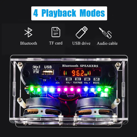 Radio DIY Soldering Kit Dope For Advanced Audio Projects With Transparent Acrylic Speaker Shell showing LED lights and playback options