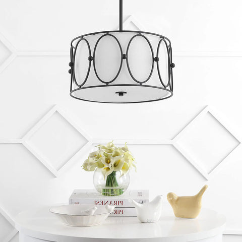 Gold 3 Light LED Pendant Light With White Linen Drum Shade Modern Hanging Chandelier For Dining Room And Kitchen Island 19 Inch Adjustable Metal Ceiling Fixture Energy Saving Lighting in modern room setting with flowers.