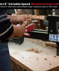 Top Shelf Benchtop Wood Lathe Pumping Solid Power Inside A Roomy Base Perfect For Weekend Woodworkers Craving Smooth Variable Speed Adjustment with hands shaping wood.