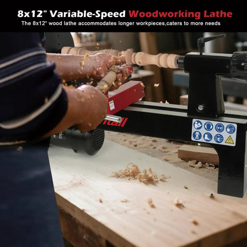 Top Shelf Benchtop Wood Lathe Pumping Solid Power Inside A Roomy Base Perfect For Weekend Woodworkers Craving Smooth Variable Speed Adjustment with hands shaping wood.