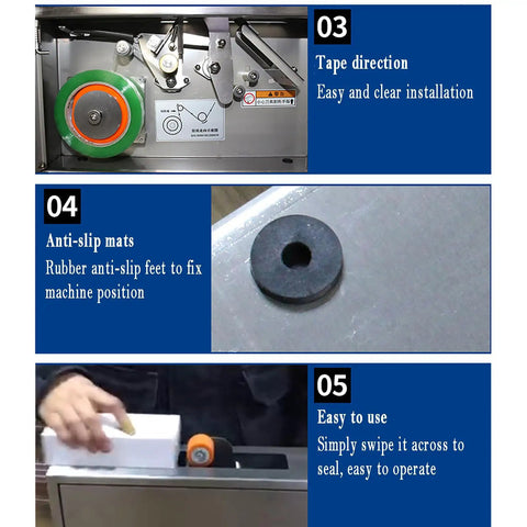 Smart Auto Tape Cutter Machine With Adjustable Sealing Length For Fast Small Box Packing, Secure Toy And Hardware Shipping That Cuts Like A Total Champ Today showing tape path and anti-slip feet details.