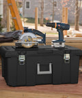Flex Your Storage Game With Heavy Duty Plastic Footlocker Rolling Bin With Wheels And Handle, Stackable Tote Featuring Secure Latching Lid For Basements Dorms And Shared Spaces, Smooth Operator Hauler Chest In Black with power tools on top.