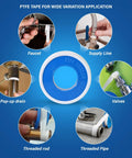 One Half Inch By Five Hundred Twenty Inch PTFE Thread Sealant Tape For Leak Proof Pipe Threads Water And Gas Line Plumbing Tape For Shower Heads Fittings And Faucets shown with various plumbing fittings