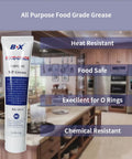 Tube of all-purpose food-grade grease, excellent for O-rings, in a kitchen setting, highlighting heat and chemical resistance.