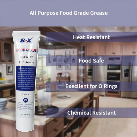 Tube of all-purpose food-grade grease, excellent for O-rings, in a kitchen setting, highlighting heat and chemical resistance.