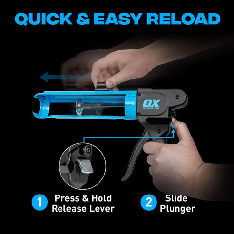 Compact 10 Oz Rodless Caulk Gun For Tight Spaces With 7 To 1 Thrust Ratio showing hand reloading action with easy squeeze manual tool.