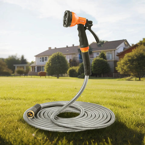 Stainless Steel Garden Hose 50 Ft With 10 Function Spray Nozzle on lawn, heavy duty water hose, rust proof and puncture resistant