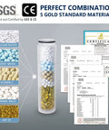 Filtered Shower Head With Handheld High Pressure 3 Mode Detachable Showerhead With KDF 55 Filter For Hard Water. Cutaway view of filter materials with SGS certification documents.