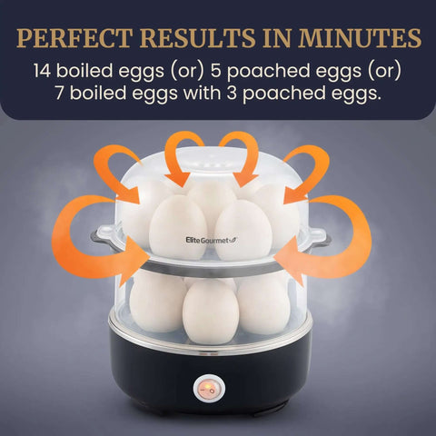 Black egg cooker that boils up to 14 eggs at once with two tier design, soft medium or hard boil options, shown cooking eggs.