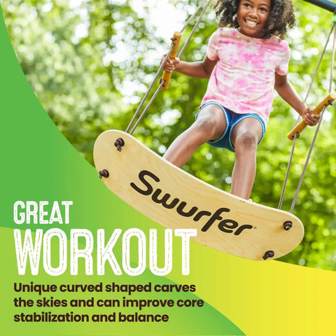 Stand Up TreeSkate Outdoor Swing For Kids With Adjustable Handles And Easy Installation in use by a smiling child.