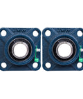 Two blue JMW pillow block bearings with 4-bolt flange and square base