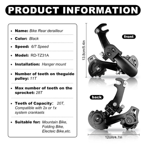 Rear Derailleur RD TZ31A 6 And 7 Speed Direct Mount black aluminum design with hanger mount and pulley information in background.