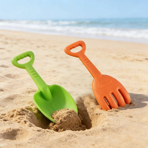Large Beach Sand Toy Set With Two Shovels And Two Rakes In Mesh Bag Sixteen Point Five Inch Heavy Duty Plastic Four Piece Kit
