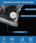 Close-up of 40 piece reusable vacuum sealer bags with air valve showing upgraded sealing valve and double zipper