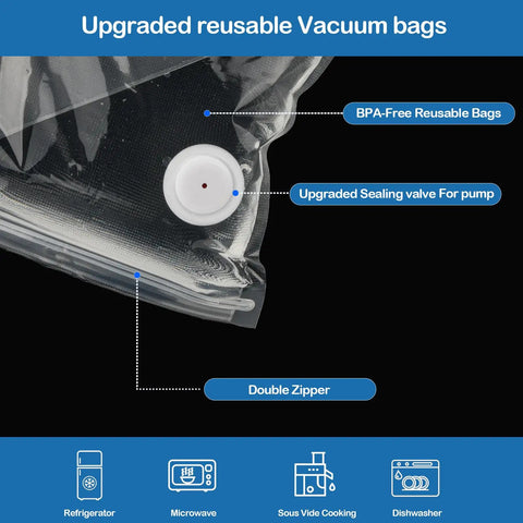 Close-up of 40 piece reusable vacuum sealer bags with air valve showing upgraded sealing valve and double zipper