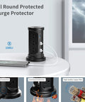 12 Outlets Tower Power Strip Surge Protector with 3 USB Ports, shown on desk setup with overload protection feature displayed.