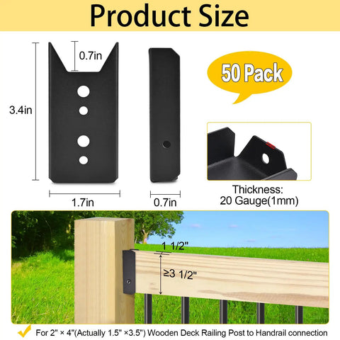 50 Pack 2x4 Deck Railing Brackets for Wood Posts 1.5x3.5 Inch, Black 20-Gauge Steel, Heavy Duty Fence Bracket Connectors for Outdoor Use, Corrosion Resistant, Screws Not Included