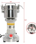 Heavy Duty 700G Grain Mill Grinder With 2500W Powerhouse High Speed Electric Motor For Corn Rice Pepper Herbs Cereals And Spices Producing Fine Powder At 50 To 300 Mesh And 36000 RPM In Stainless Steel with dimensions shown.