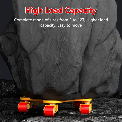 Rock Solid Heavy Duty Moving Dolly With Thickened Steel Base and Smooth PU Swivel Casters For Easy Furniture And Machinery Transport Heavy Lifting under a heavy rock.