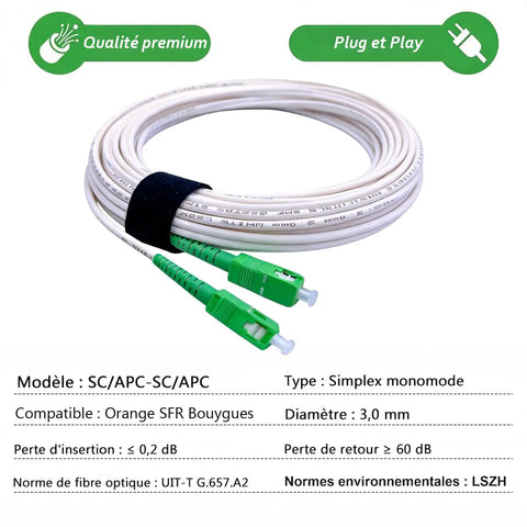 Heavy Duty Beast Grade Sca To Sca Singlemode Fiber Optic Cable Simplex Patch Cord Lszh Rated Jacket Ftth Home Fiber Extender Network Hookup No Hassle Plug Play Smooth Signal Transfer White 10 Meter coiled with green connectors.