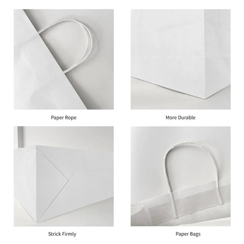Close-up of white kraft paper bags with handles, showcasing durability, reinforced edges, and paper rope handles.
