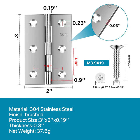 Stainless Steel 3 Inch Folding Hinges Set For Furniture Doors Windows Lids And Wooden Boxes Chest Pack Of 4 Tough As Nails Heavy Duty Hinges For DIY Projects And Home Renovations with dimensions, screws, and material details shown.