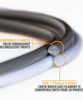Close-up of Gizmodorks filament coils in black and white with size options 1.75mm or 2.85mm for 3D printing.