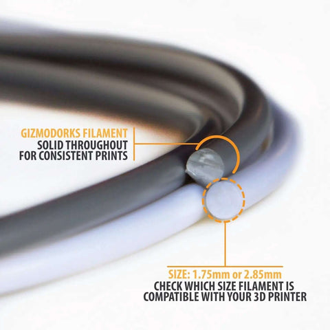 Close-up of Gizmodorks filament coils in black and white with size options 1.75mm or 2.85mm for 3D printing.