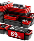 69 Piece Tool Organizer Set With 5 Sizes For Drawer Desk Tray Rolling Chest And Toolbox Storage In Black And Red Durable Plastic Bins