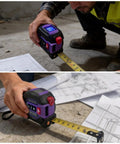 3 In 1 Laser Tape Measure With 197ft Long Range Laser, 16ft Manual Tape, AutoLock, Cross Line Laser Guidance, Unit Switch Ft In M, Measures Area Volume And Pythagorean Purple Finish in use on concrete