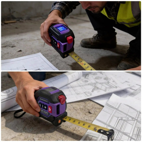 3 In 1 Laser Tape Measure With 197ft Long Range Laser, 16ft Manual Tape, AutoLock, Cross Line Laser Guidance, Unit Switch Ft In M, Measures Area Volume And Pythagorean Purple Finish in use on concrete