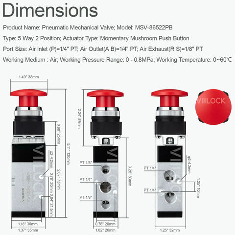 Dimensions of Go-To Pneumatic Mechanical Valve 5 Way 2 Position Momentary Mushroom Push Button Manual Control Air Valve MSV-86522PB