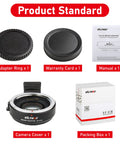 Canon EF To Sony E Mount Autofocus Speed Booster Adapter 0.71x components, including adapter ring and manual.