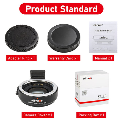 Canon EF To Sony E Mount Autofocus Speed Booster Adapter 0.71x components, including adapter ring and manual.