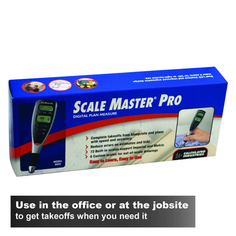 Scale Master Pro box for 7.3 Inch Digital Plan Measure With 72 Built In Scales for imperial and metric takeoffs, front view