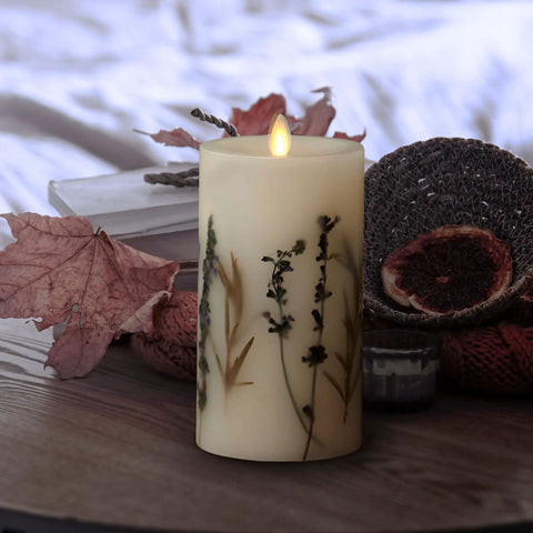 Realistic Moving Flame Pillar Candle With Lavender And Rosemary No Mess Flameless LED Battery Operated Light on table