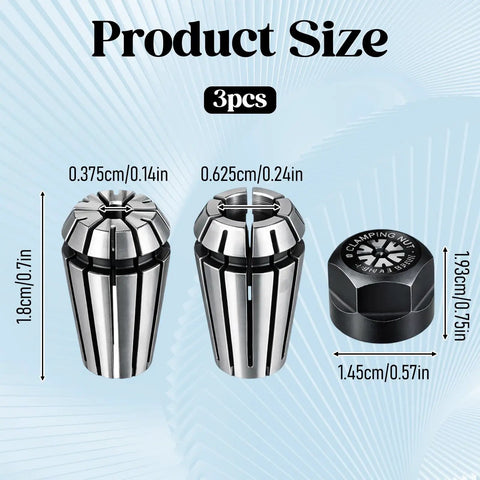 Product size of 3-piece ER11 Collet Set with 1/8 and 1/4 inch chucks, clamping nut, High Precision CNC Engraving Milling Lathe Tools