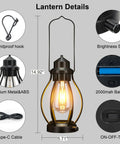 Two Pack Rechargeable Camping Lanterns Battery Operated Hanging Lights For Indoor Outdoor Use USB C Charge With 6 Hour Timer Dimmable Edison Bulb Waterproof Design Ideal For Table Patio Garden Yard Porch Decor Gift details, including windproof hook, brightness switch, 2000mAh battery, and Type-C cable.