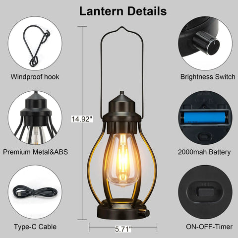 Two Pack Rechargeable Camping Lanterns Battery Operated Hanging Lights For Indoor Outdoor Use USB C Charge With 6 Hour Timer Dimmable Edison Bulb Waterproof Design Ideal For Table Patio Garden Yard Porch Decor Gift details, including windproof hook, brightness switch, 2000mAh battery, and Type-C cable.