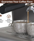 Heavy Hitter Espresso Machine With Built In Burr Grinder And Swift Milk Frother, 95 Oz Big Tank, 3 In 1 No Fuss Coffee Maker For Cappuccino Latte Top Shelf Silver pouring espresso into two speckled cups.