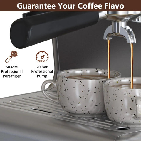 Heavy Hitter Espresso Machine With Built In Burr Grinder And Swift Milk Frother, 95 Oz Big Tank, 3 In 1 No Fuss Coffee Maker For Cappuccino Latte Top Shelf Silver pouring espresso into two speckled cups.